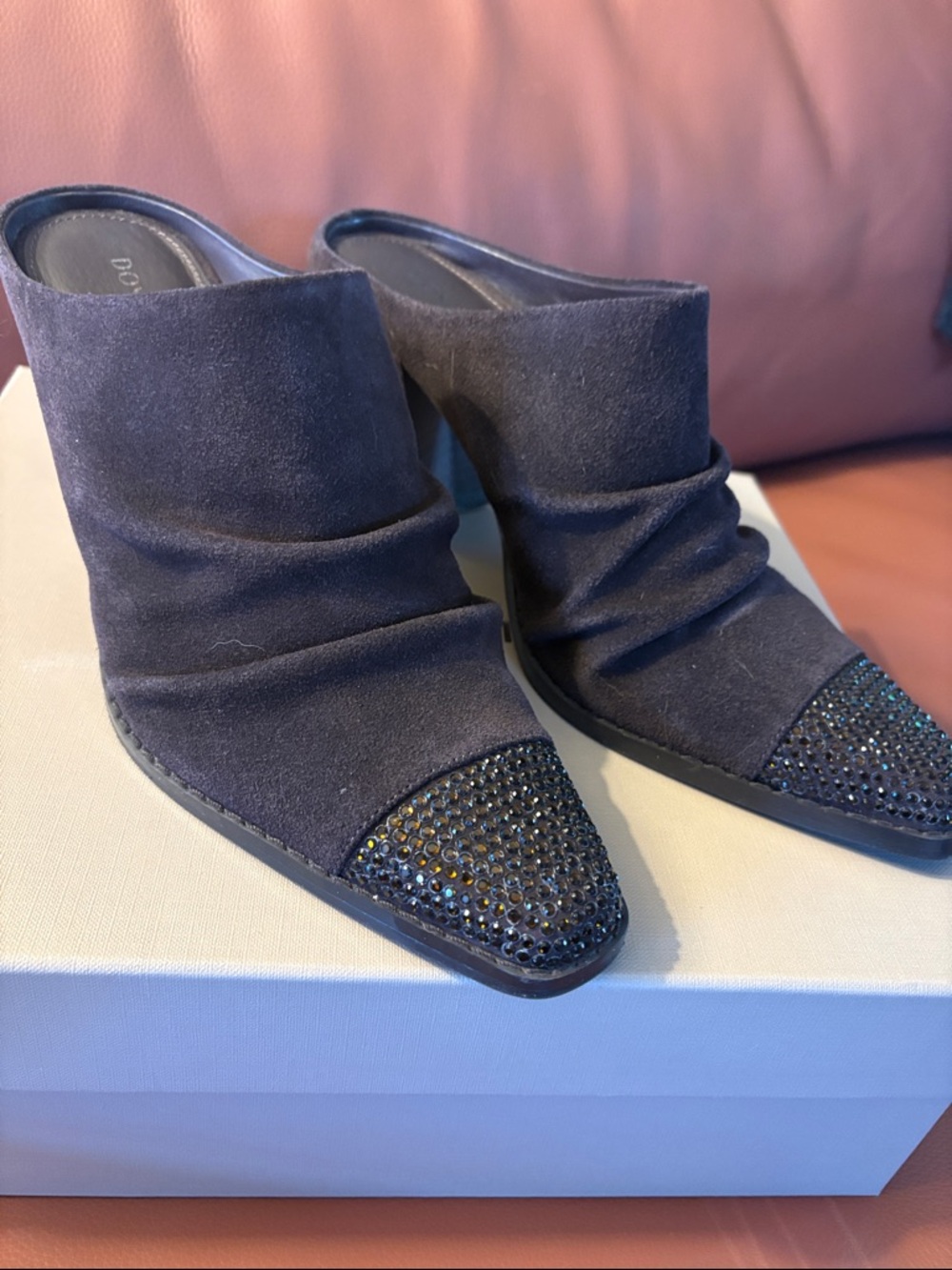 Donald Pliner Brown Suede Western Mule Heels with Embellished Toe - Women